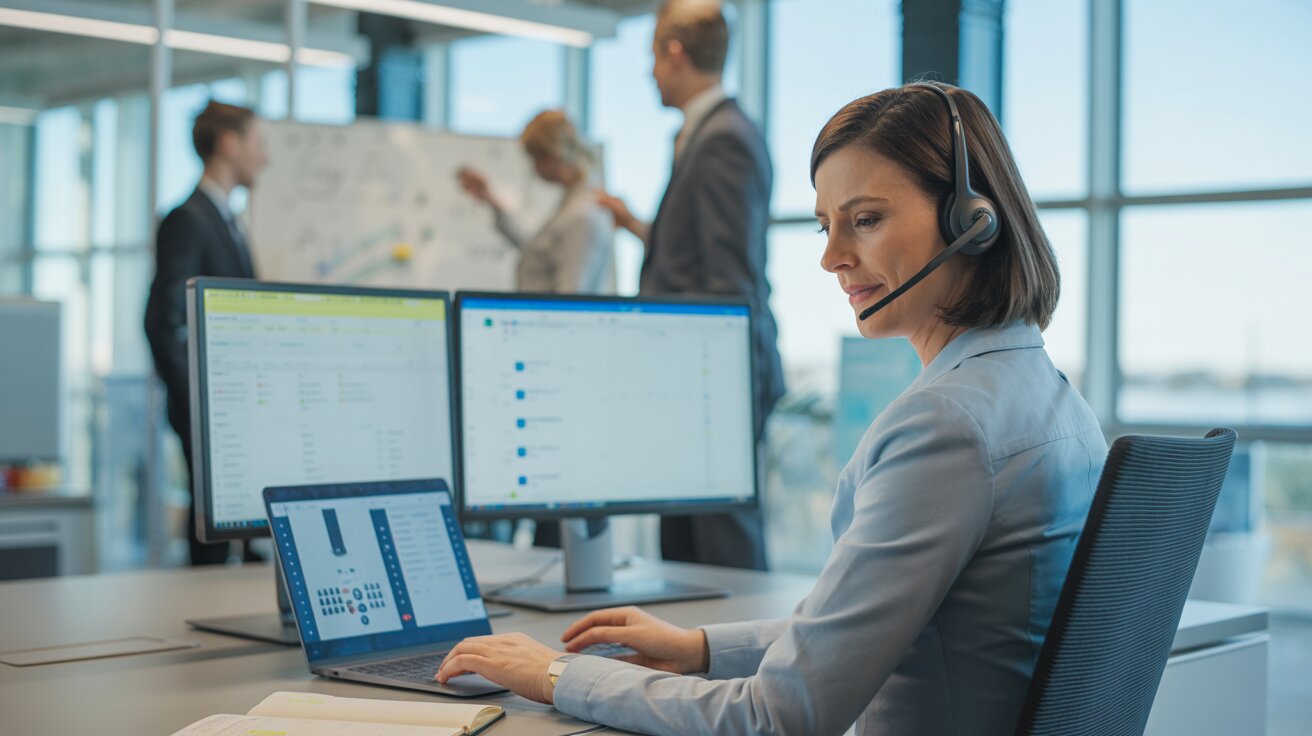 NFON Cloudya Cloud-Telefonie im modernen Büro – Mitarbeiterin mit Headset nutzt CTI-Integration für Kundengespräche