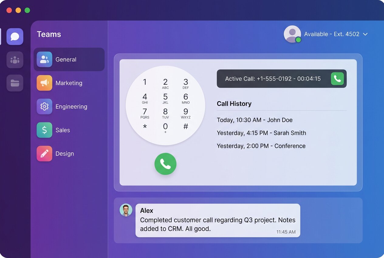 Microsoft Teams mit integrierter NFON Cloudya Telefonie – Anrufe, Wähltastatur und Anrufhistorie direkt in Teams-Oberfläche